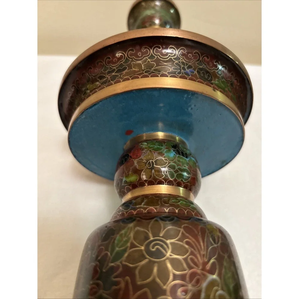 Vintage Chinese Cloisonne Floral Candlesticks Copper Brass 10.5 Inch Set of 2
